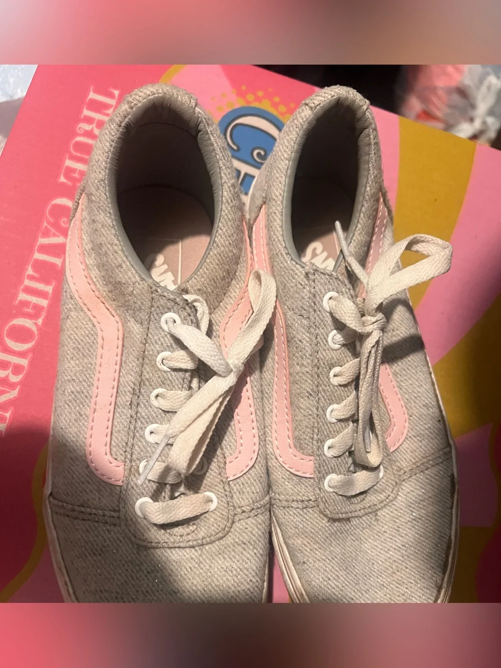 Vans Kids Gray Canvas Sneakers with Pink Side Stripe